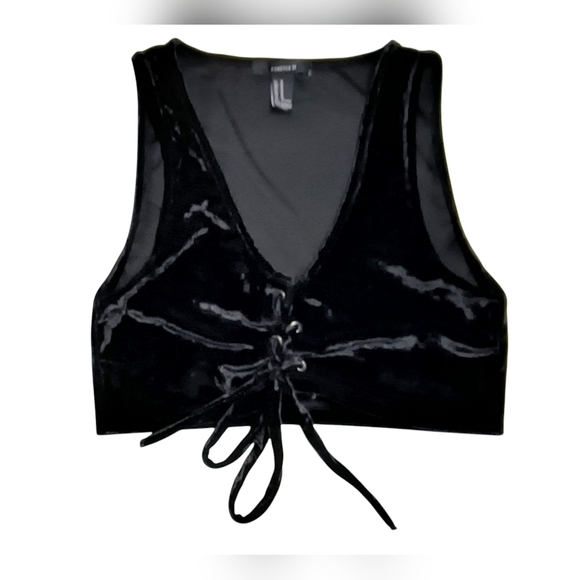 Forever 21 Black Velvet Goth Whimsigoth Cropped Front Lace Up Sleeveless Top M - Picture 1 of 8